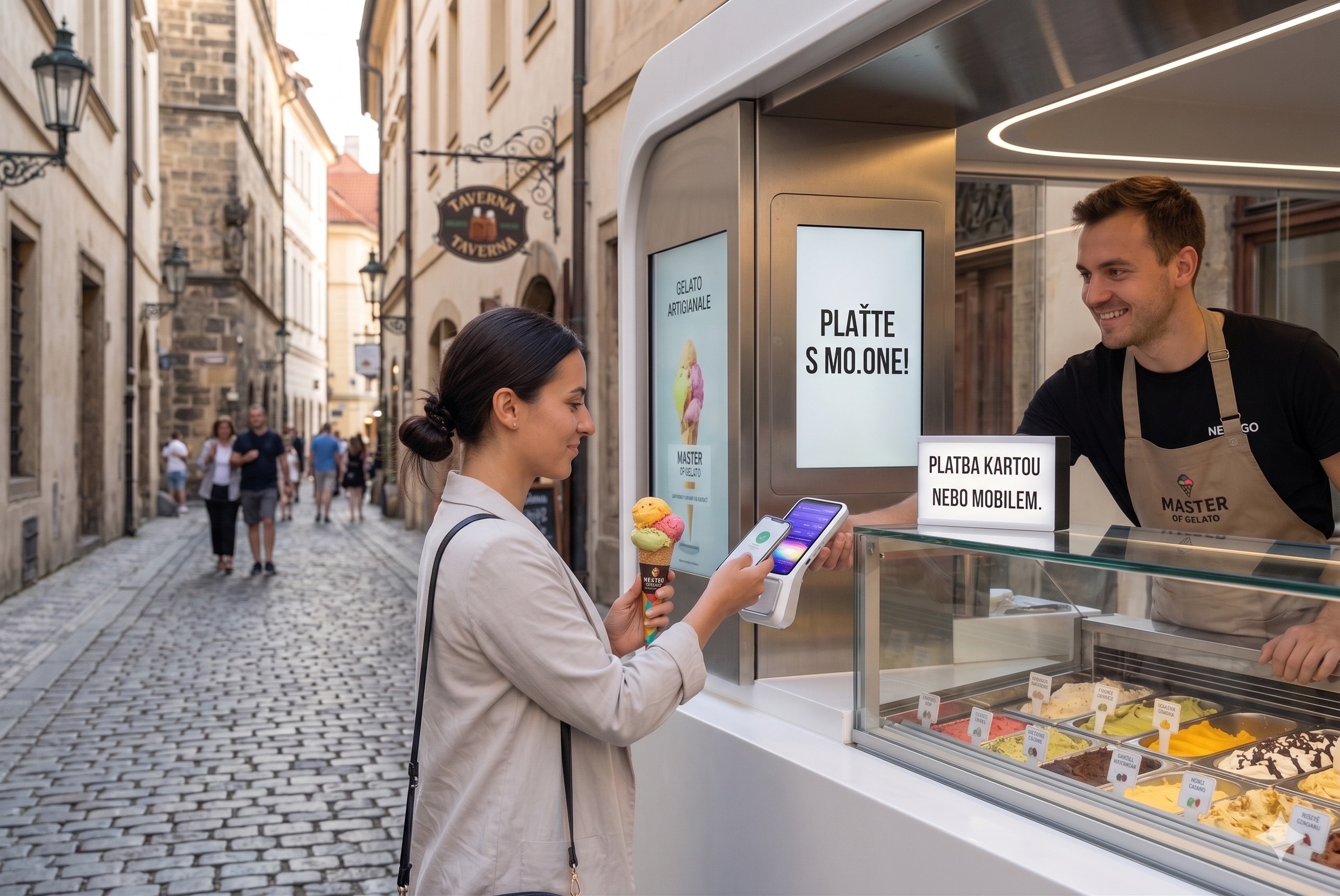 Hostka platí mobilem za zmrzlinu na NEXGO terminálu v české kavárně · Mo.one Hub gastro