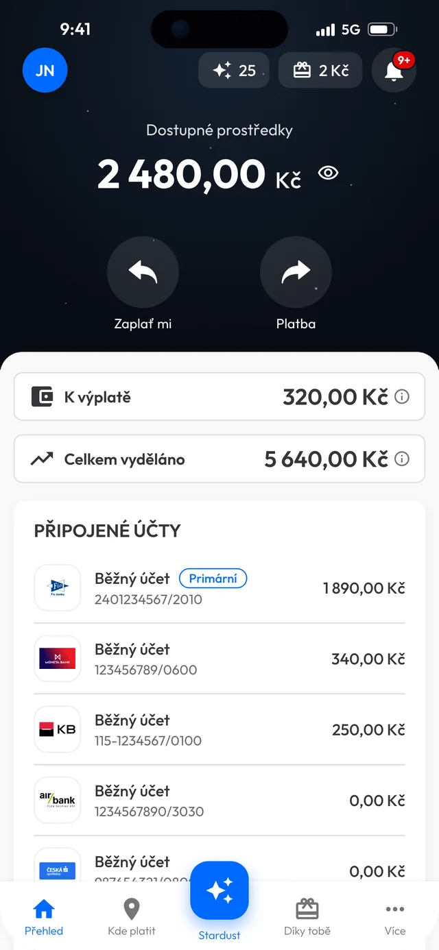 Přehled účtu v Mo.one App