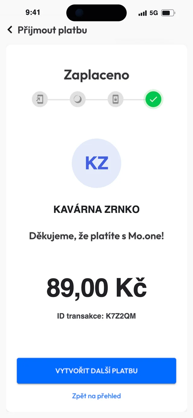 Potvrzená platba v Mo.one App