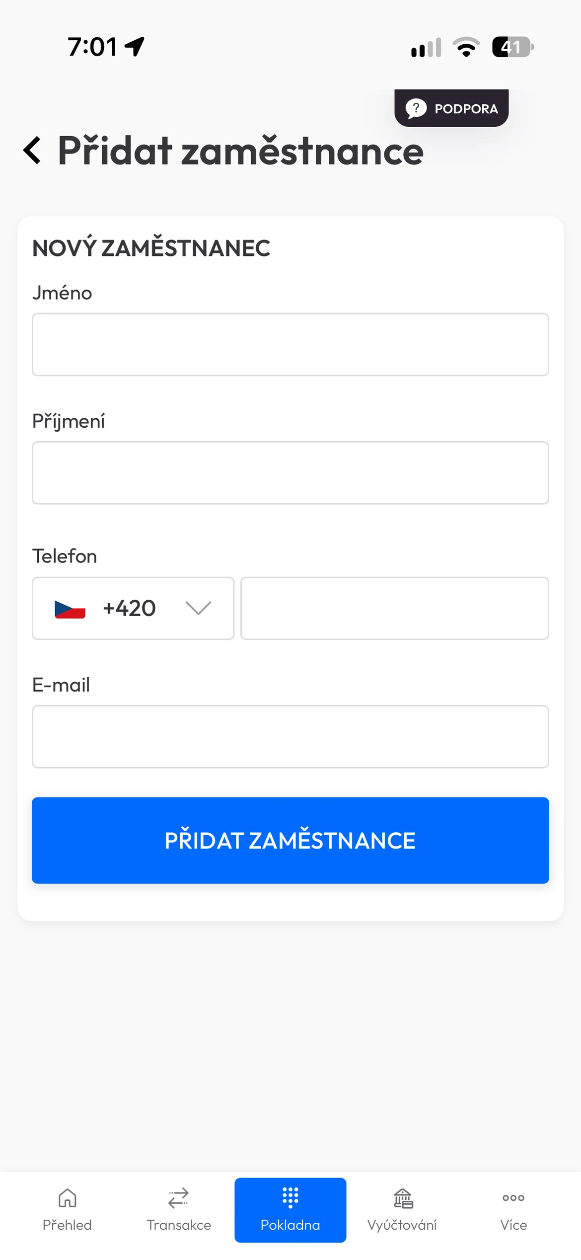 Mo.one App: formulář Přidat zaměstnance